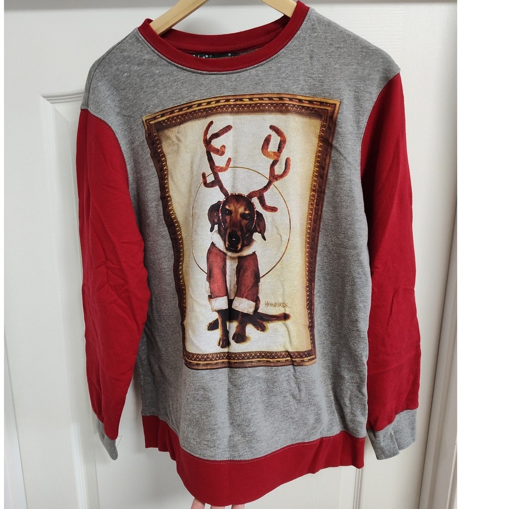 Mad Engine Unisex Gray Red Christmas Reindeer Dog Graphic Sweatshirt Size M KMP5